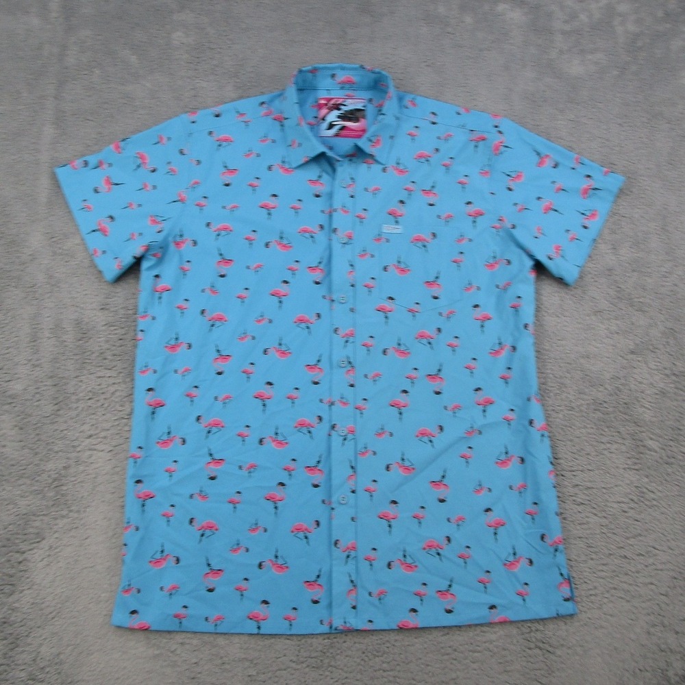 Retro Rifle Tactimingo Shirt Mens XL Blue Pink Flamingo Tactical Short Sleeve